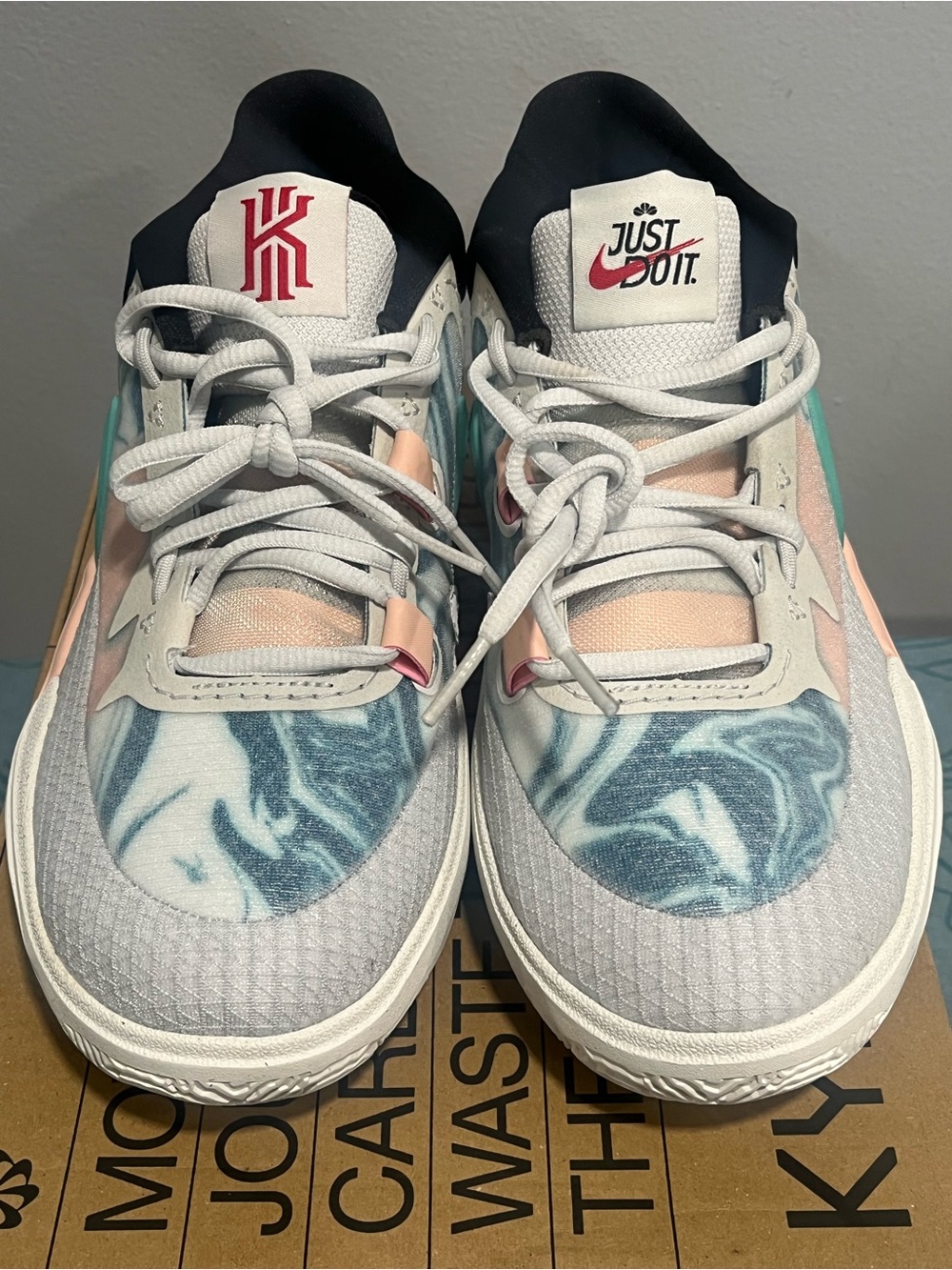 Nike Kids Sneakers in White with Blue Marble and Peach Accents